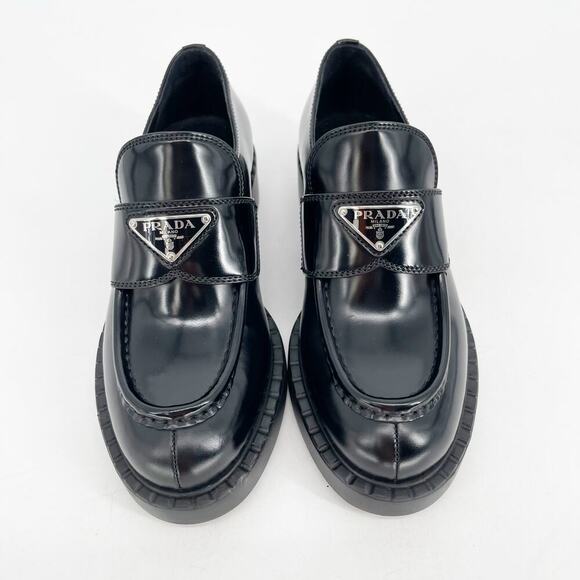 Prada Black Brushed Leather Chocolate Chunky Triangle Logo Loafer size IT 36 - Picture 7 of 15